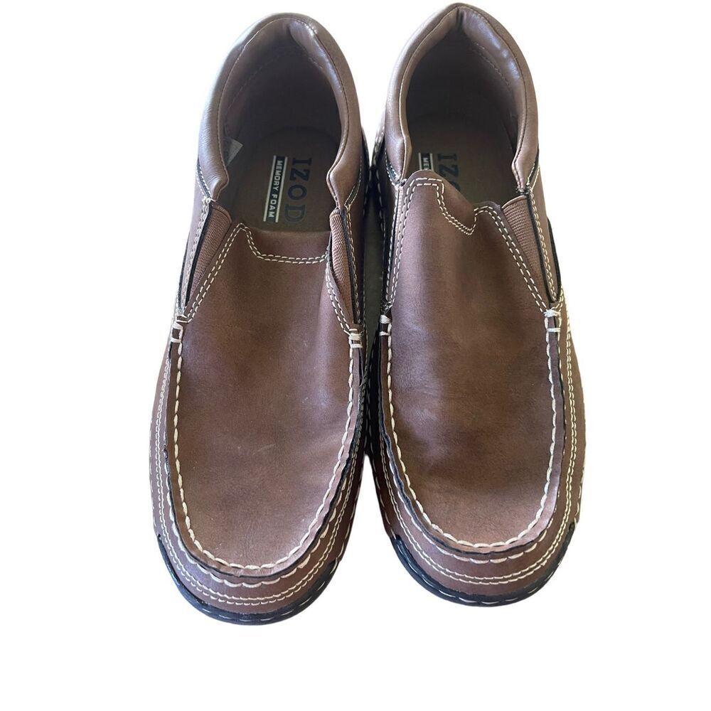Izod Mens Brown Charlie Slip On Memory Foam Leather Flat Loafer Shoes Size 8M